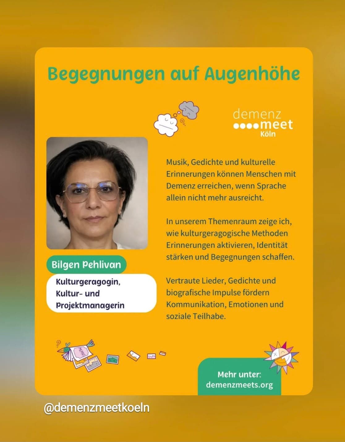 Ankündigung des Themenraums „Begegnungen auf Augenhöhe“ beim Demenz Meet Köln