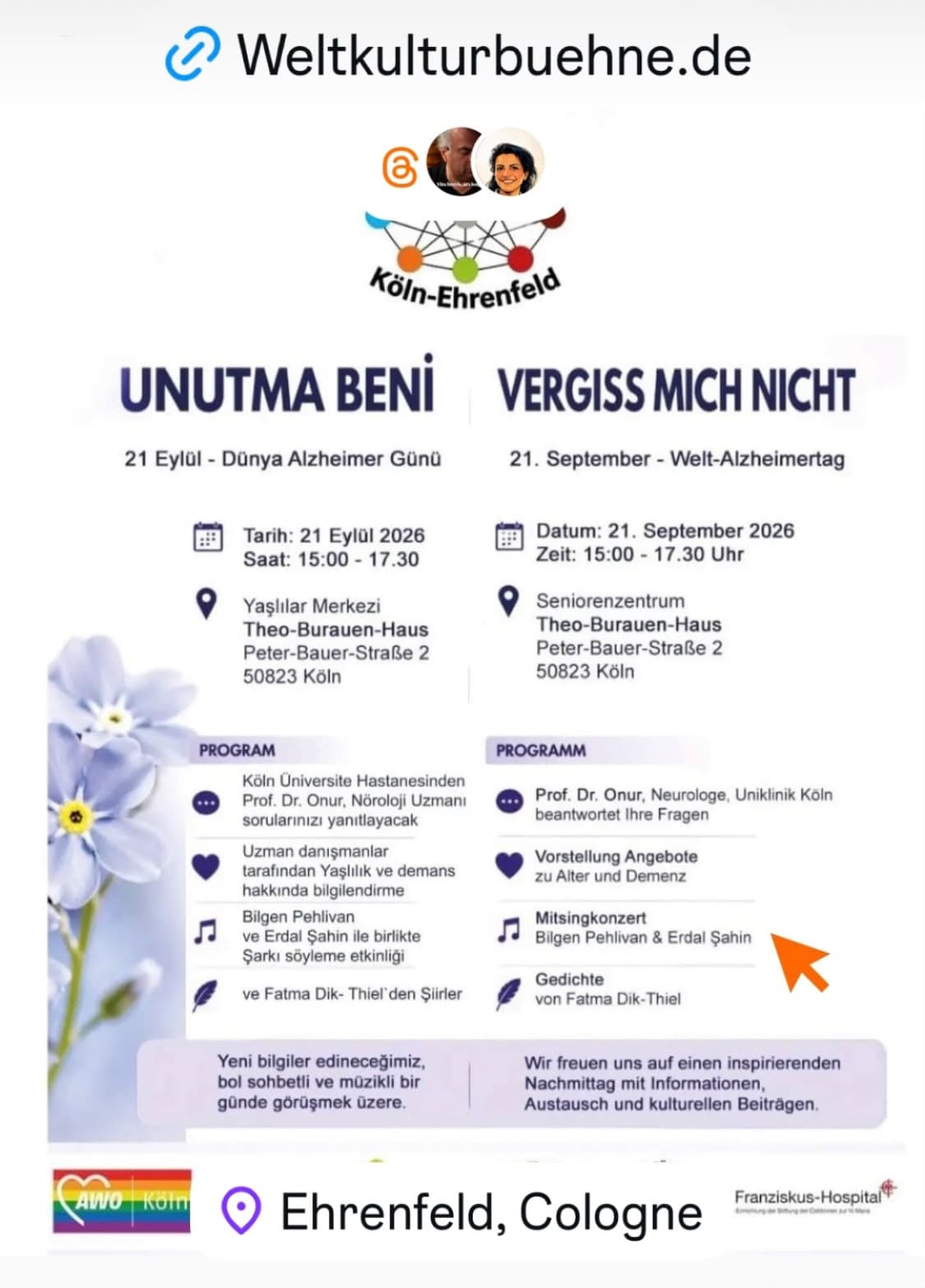 Veranstaltungsplakat „Vergiss mich nicht – Unutma Beni“ zum Welt-Alzheimertag in Köln-Ehrenfeld